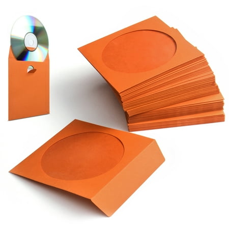 100 Pack CD DVD Thick Paper Sleeves (Orange) Standard Envelope Cases Display Storage Premium with Window Cut Out and Flap for Music Movie Video Game (Best Way To Store Music On Computer)