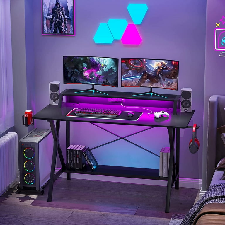 YOUTHUP Gaming Desk with LED Lights, 55 Inch Z Shaped Game Desk for PC  Gamer, Ergonomic Racing Style Computer Table Workstation with Remote  Control