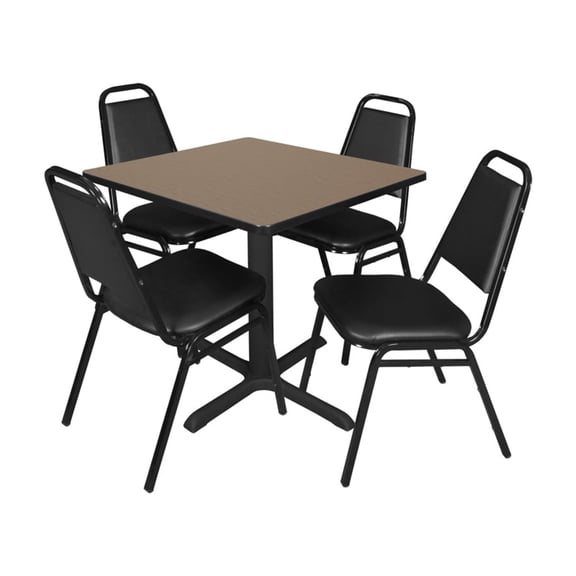 Regency Cain 30 in. Square Breakroom Table- Noble Oak & 4 Restaurant Stack Chairs- Black