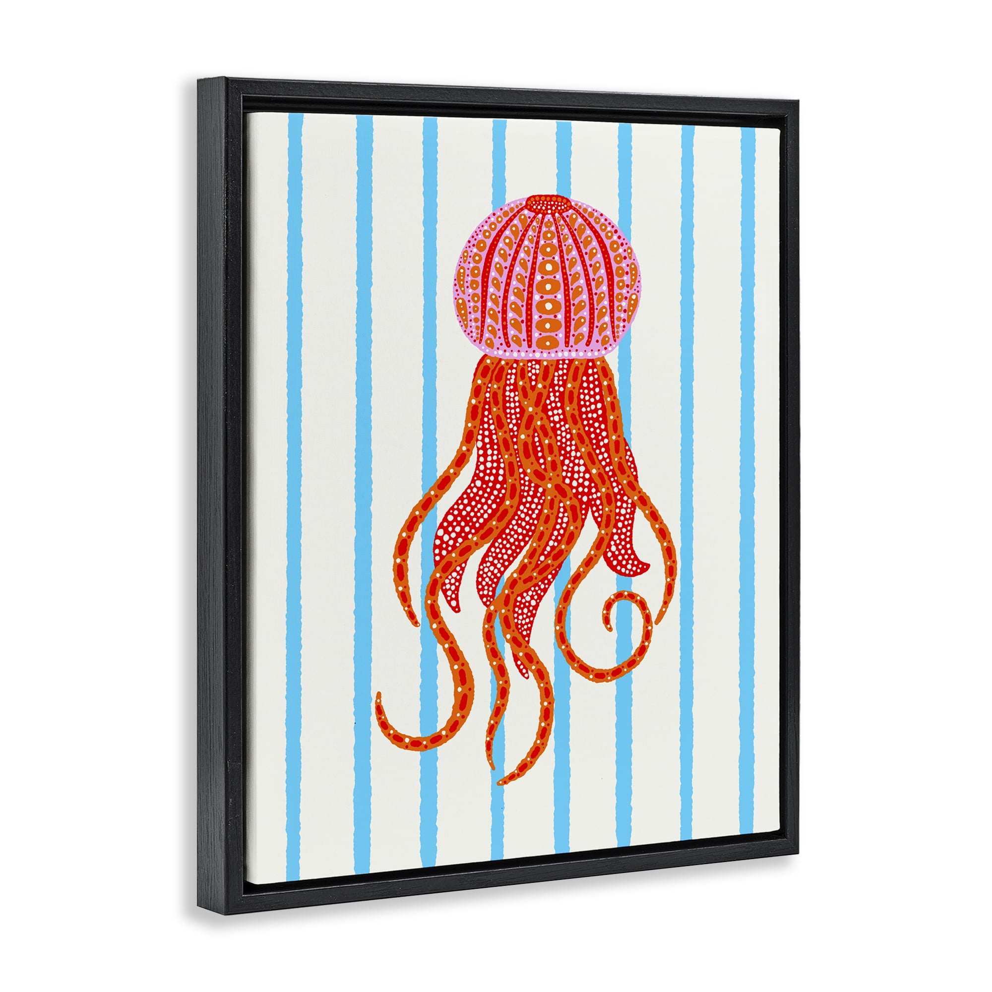 Stupell Industries Bright Aquatic Jellyfish on Stripes Black Framed Floater Canvas Wall Art, design by Indira Prieto | IndySign