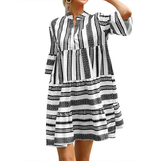 Women Bohemia Geometric Print Beach Dress Half Sleeve Notch Neck