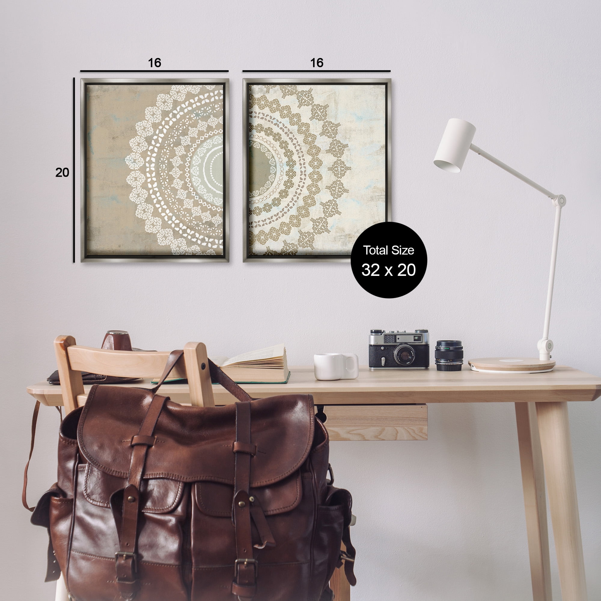 Stupell Industries Rustic Mandala Boho Pattern Abstract Painting Gray Floater Framed Canvas Art Print Wall Art, 17 x 21, Set of 2