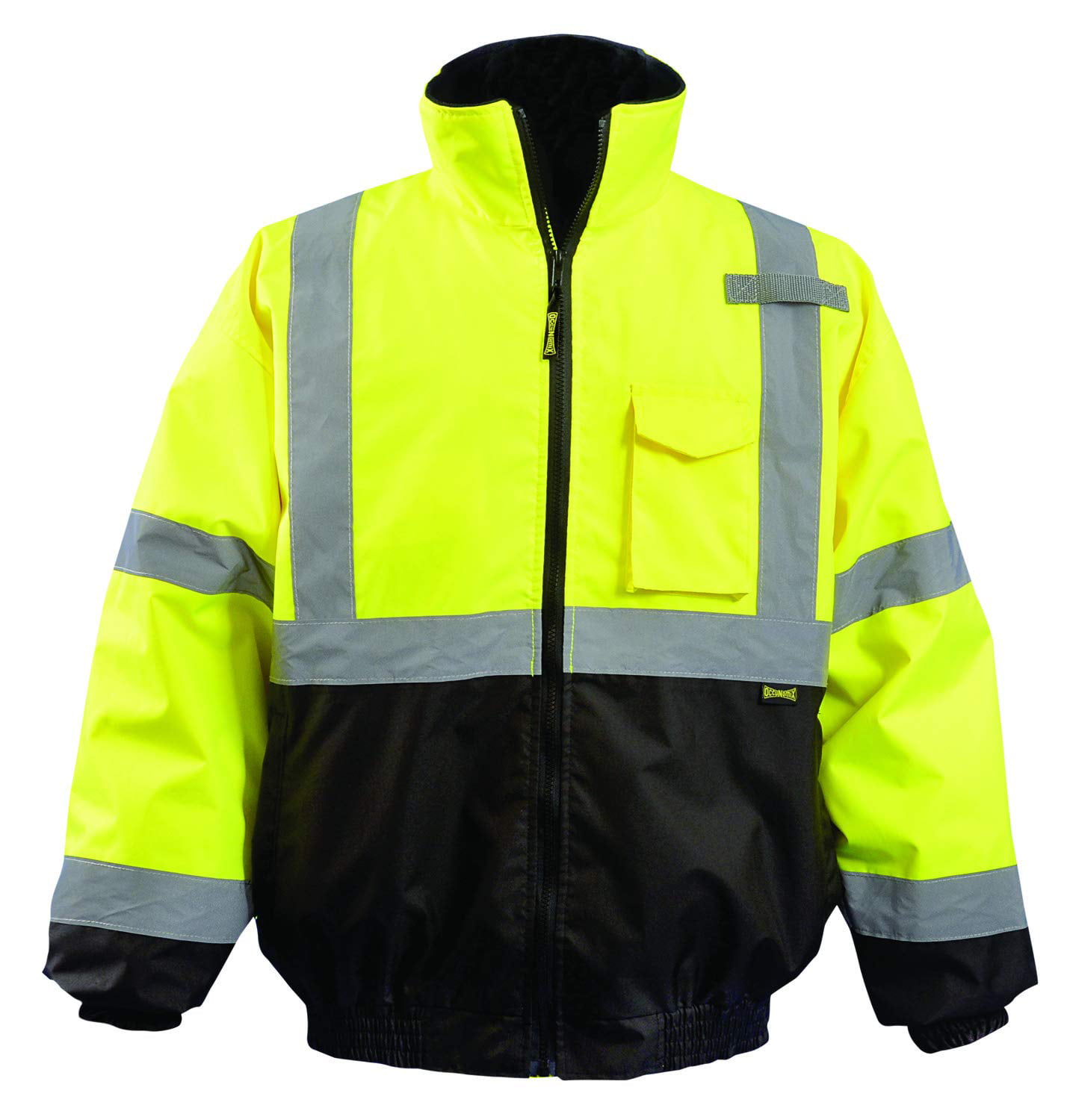 OccuNomix High Visibility 2-in-1 Quilted Black Bottom Bomber Jacket with  Zip-Out Quilted Liner and Pockets, Class 3, 100% ANSI Polyester, 