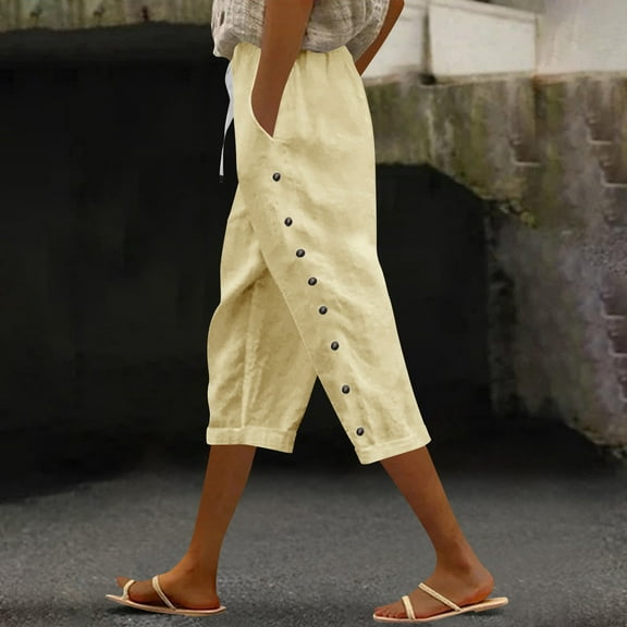 Women's Summer Casual Pants with Drawstring Elastic Waist & Side Pockets, Solid Color Linen Trousers Slacks Bottoms for Travel Lounge Beach Vacation | Aestivo,Beige L