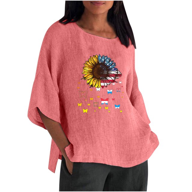 Blusa de lino y algodón con cuello redondo y manga tres cuartos informal para mujer con estampado de bandera Pompotops FGAJ3098