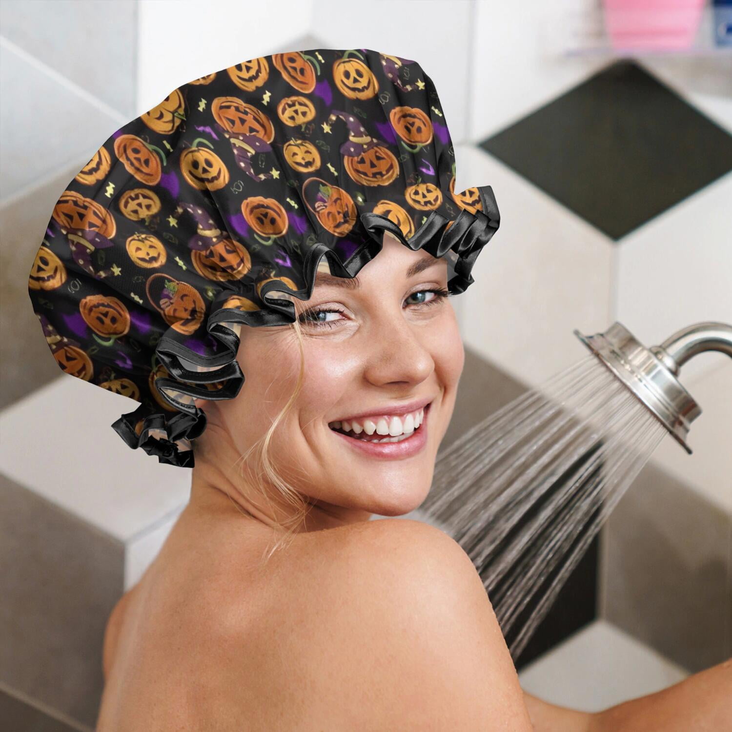 Shower Caps,Halloween Pumpkins with Witch Hats Waterproof Shower Cap for Women 4 Pieces,Double Reusable Hair Cover for Shower PEVA Elastic Stretch Hem