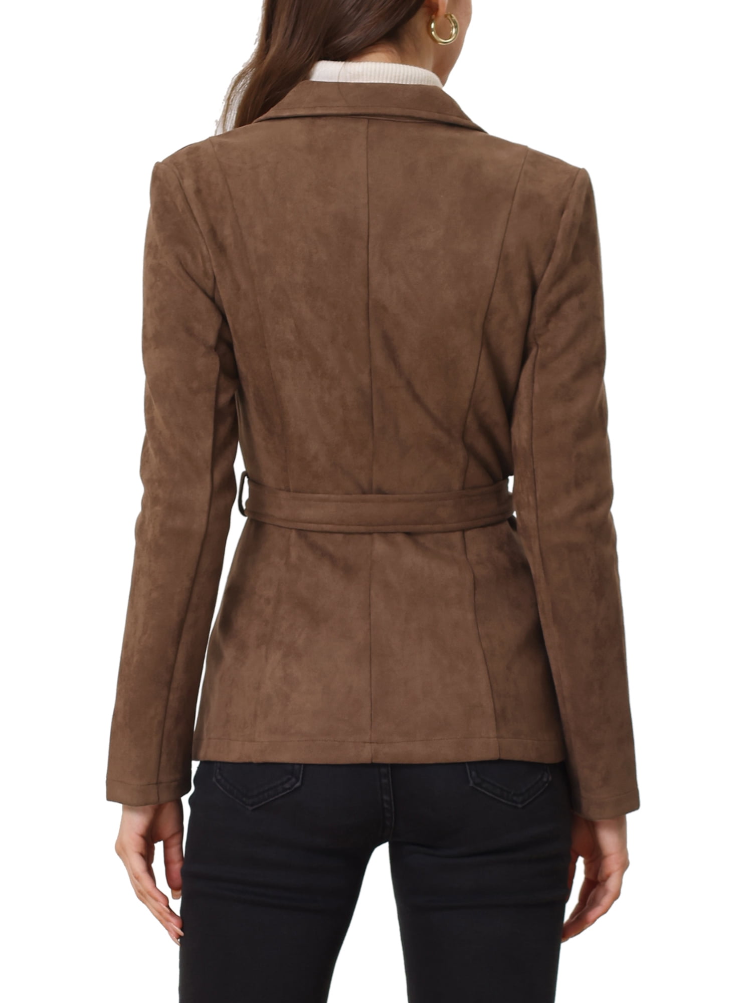 Unique Bargains Women's Faux Suede Belted Long Sleeve Single Breasted Blazer L Dark Brown