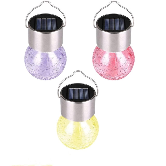 3 Pack Hanging Solar Lights Outdoor Multi-Color Changing Cracked Glass Ball Lights for Patio Decorations