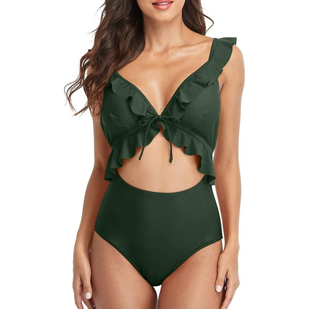 Womens One Piece Ruffle Cut Out Swimsuits Strappy Monokinis Bathing Suits