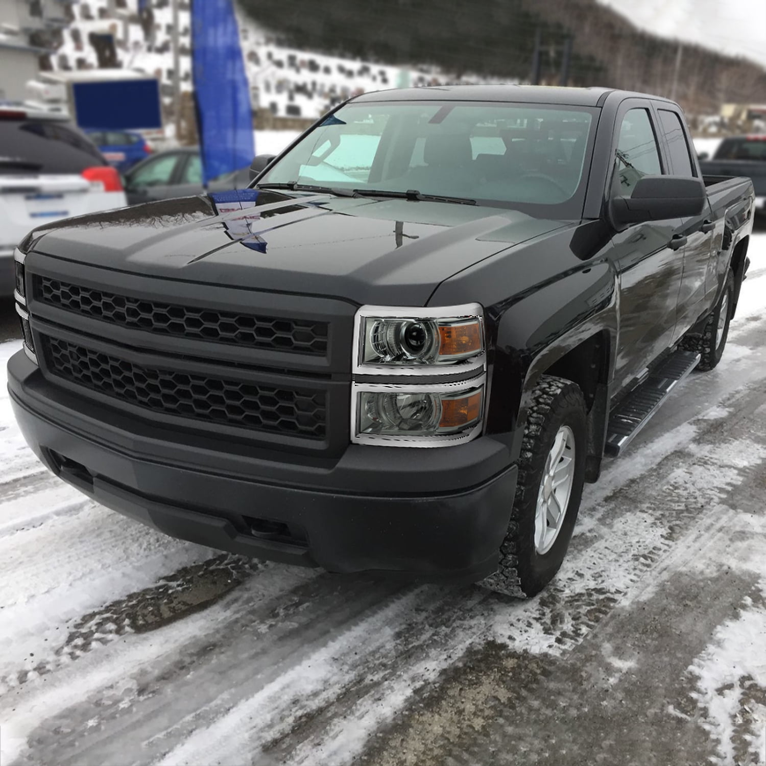 Spec-D Tuning Smoke Projector Headlights w/ Silver Trim Compatible with 2014-2015 Chevy Silverado 1500, Left + Right Pair Headlamps Assembly