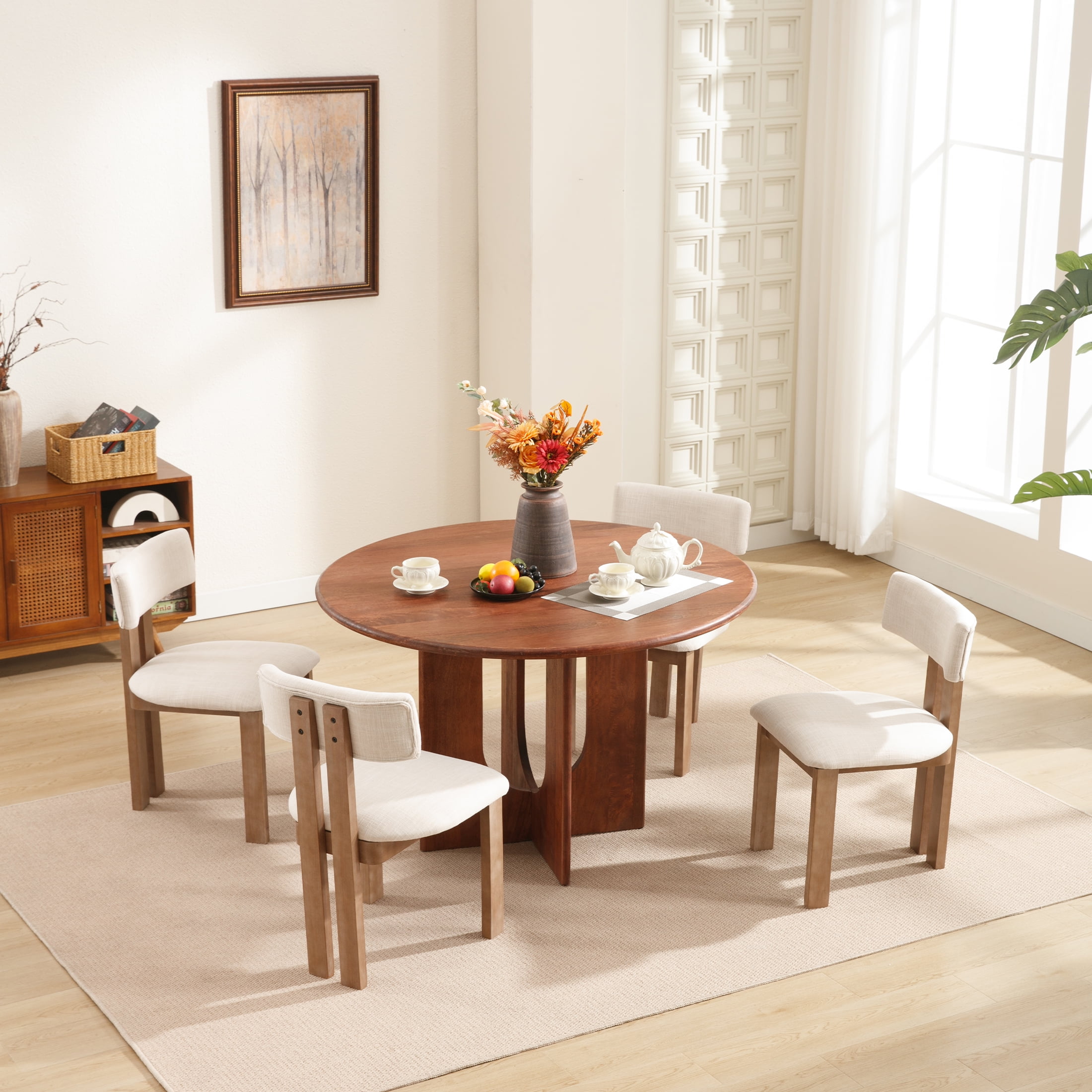 Guyou Wooden Dining Chairs Set of 2, Mid Century Modern Linen Upholstered Dining Side Chairs, Farmhouse Kitchen Chairs with Curved Back for Kitchen Dining Room Living Room, Beige