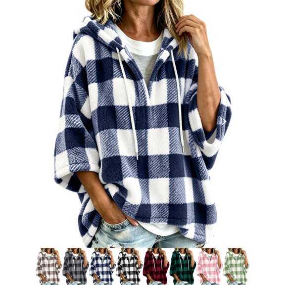 Casual Plaid Fleece Hoodies for Women Half Zip 3/4 Sleeve Oversized Loose Fit Classic Tops