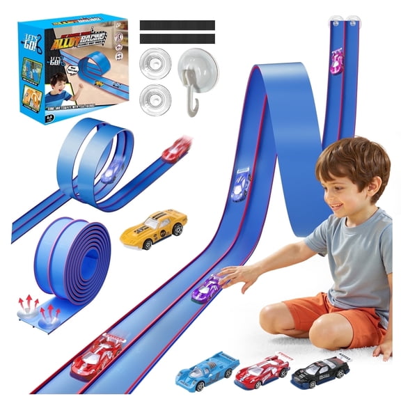 KNMDU 15 ft Flexible Race Track Set with 4 Cars and Suction Cups, Blue, for Kids Ages 3 