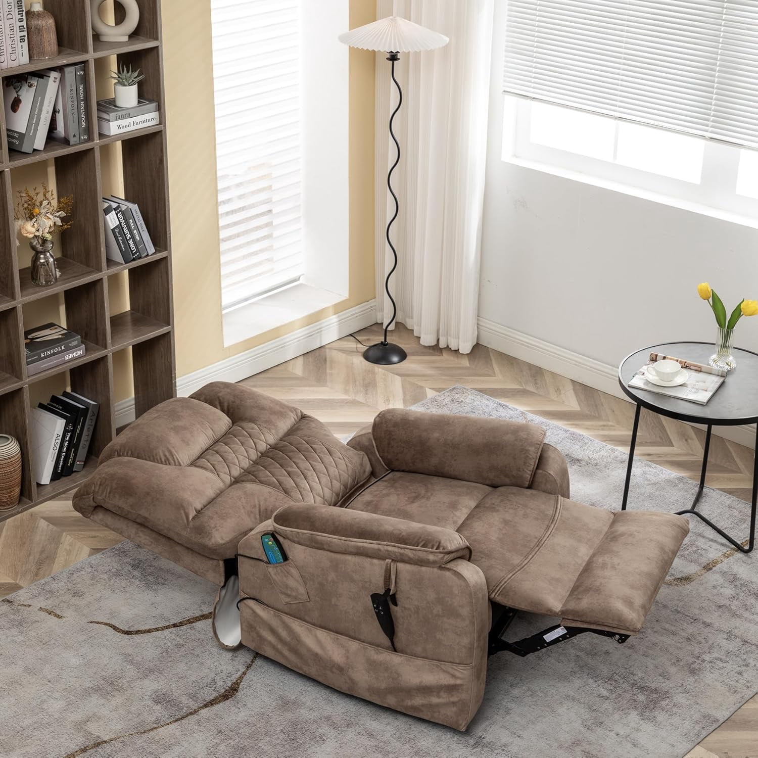 Howcool Lift Recliner Chair Lay Flat 180°, Dual Motor Power Lift Chair with Massage and Heating, Infinite Position Heavy Duty Oversized Recliner for Elderly Living Room,Brown