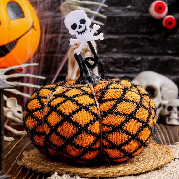 Halloween Knitted Fabric Pumpkin Ornaments, Hand Woven Stuffed Artificial Pumpkins for Table, Shelf, Party Decor