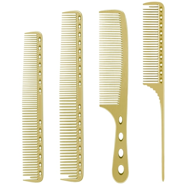 OPALESQUE 4 Tipos de Peines de Aluminio Profesional para Barberos, Set de Metal Combs para Cortar Peines de Metal, Peines de Cola para Peluquería (Dorado)