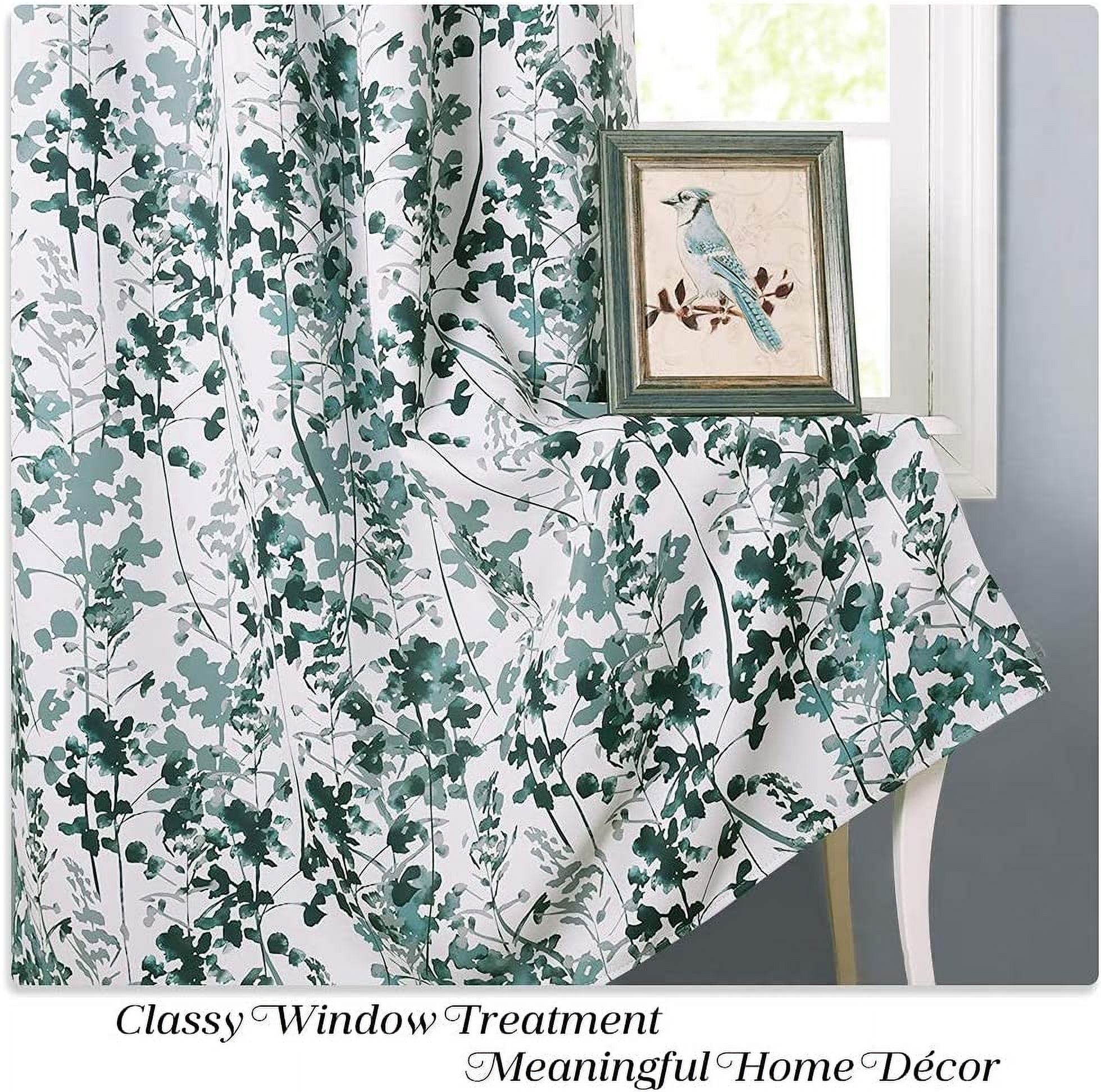 NICETOWN Floral Curtains for Kitchen, Vivid Watercolor Floral Painting Blackout Curtains Thermal Insulated Privacy Drapes for Art Gallery, Green, 52"x63", 2 Panels