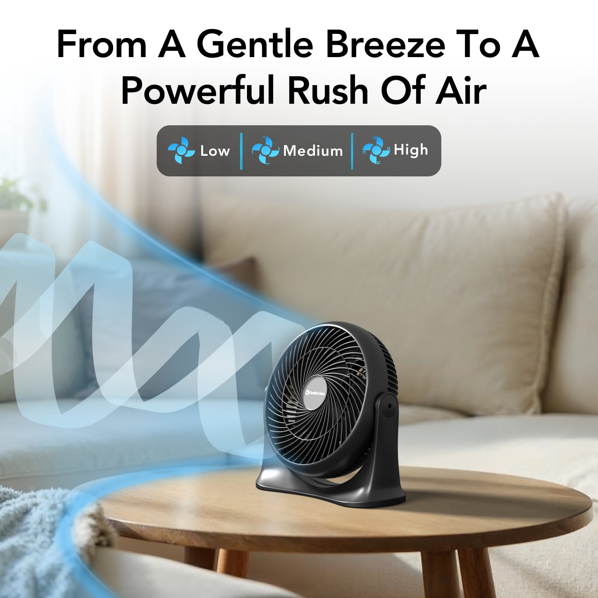Comfort Zone 11 in. Desktop Table Fan with 3 Speeds, Adjustable Tilt, Black