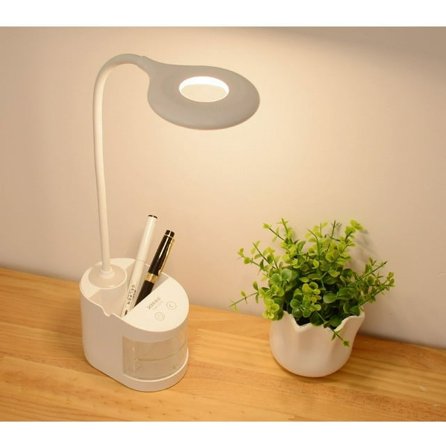 Lampe de Bureau LED, Lampe de Bureau pour Enfants Dimmable 3 Niveaux de Luminosité Protection des Yeux Col de Cygne Lampe Console Tactile Charge USB Sans Fil, Support pour Stylo Téléphone