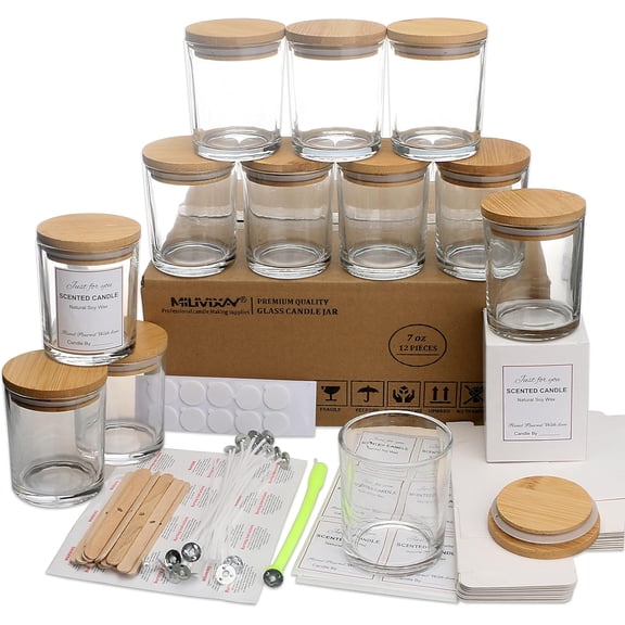 12 Pack 7 OZ Clear Glass Candle Jars with Lids and Candle Making Kits - Bulk Empty Candle Jars for Making Candles - Spice, Powder Containers.