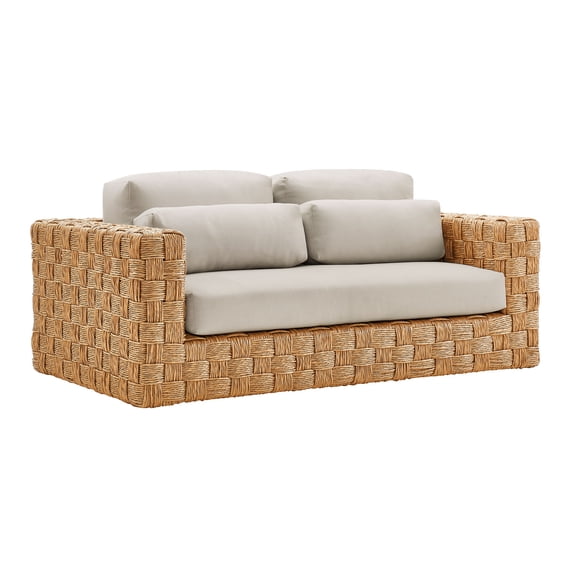 Lounge Loveseat Sofa, Gray, Wicker Rattan, Outdoor Patio Balcony Cafe Bistro Garden Hospitality Restaurant, Modern Contemporary, HB37234