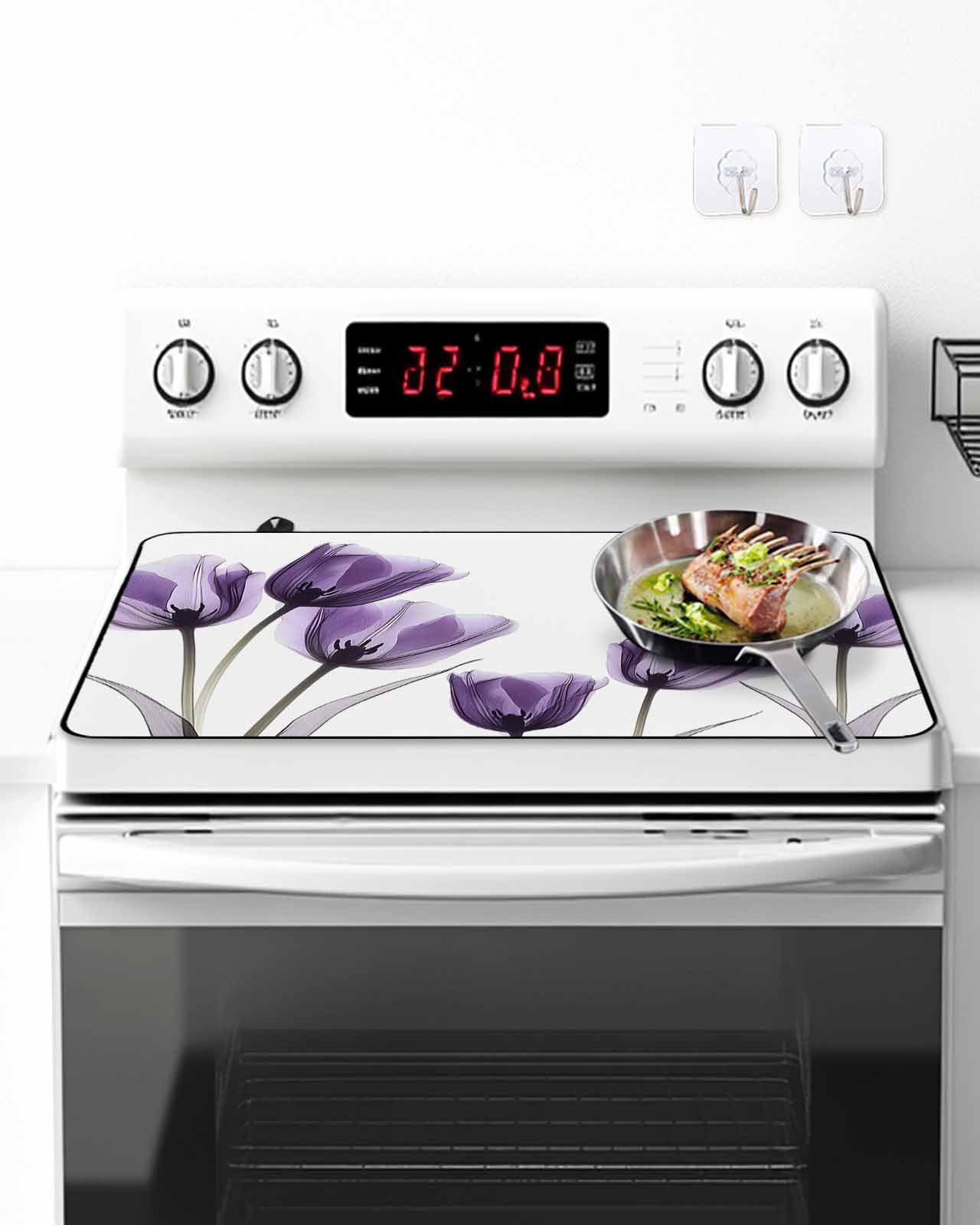 Stove Top Covers for Electric Stove, Purple Tulip Floral Glass Stovetop Cover Protector, Pastel Country White Wildflower Induction Cooktop Protector Oven Mat for Kitchen Countertop 24"x21"