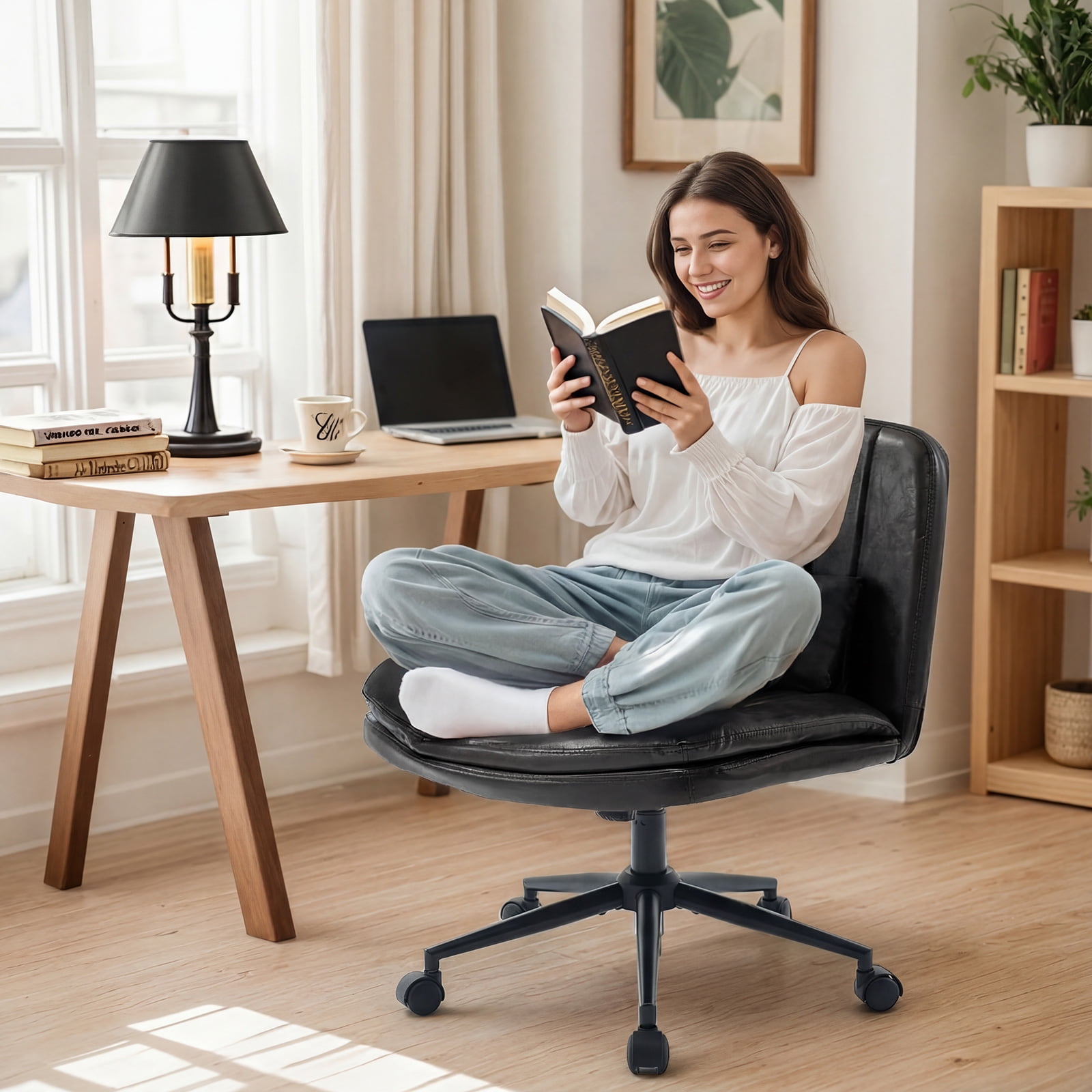 IPKIG Armless Criss Cross Office Chair w/ Lumbar Support, Adjustable Swivel PU Leather Desk Chair for Home Office, Makeup Vanity & Living Room, Black