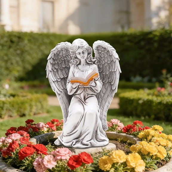 7.9 Inch Angel Garden Statue with Solar Book Light,Solar Statue,Angel Statue,Resin Decor for Patio, Lawn & Outdoor Spaces