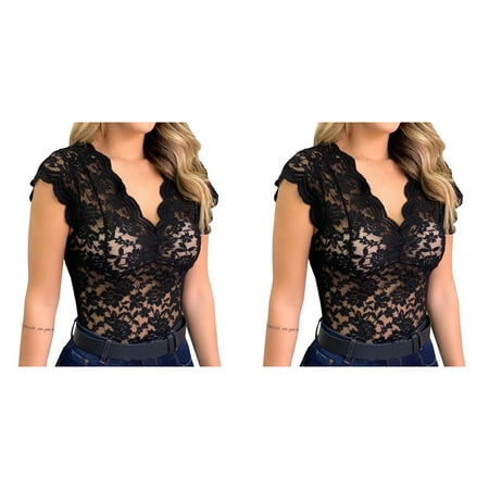 2 Pack Women Shirt Lace Shirt See Through Casual Slim Fit Tops Plus Size Short Sleeve Deep V Neck Temperament Trim Plunging Neck Lace Lingerie Top Vest Size S 5XL Silk Bodysuit Lingerie for Women