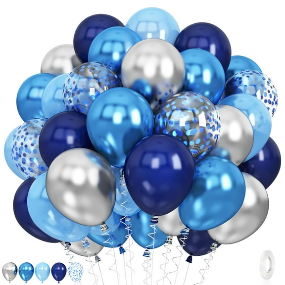 60 Pcs Blue Silver Balloons with Confetti, Metallic Helium Latex Balloons for Birthday Party Decorations Wedding Shower Graduation, blue
