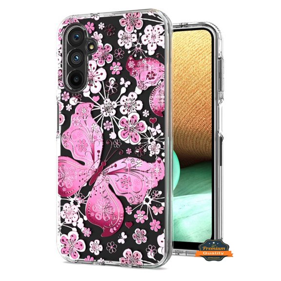 For Samsung Galaxy A35 5G Hybrid Trendy Image Patterns Design Transparent Hard Back Shockproof TPU Rubber Phone Case Cover by Xpression - Pink Butterfly