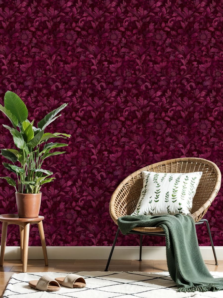Peel and Stick Wallpaper 23.6in x 9.8ft Luxurious Burgundy Damask Floral Vintage Contact Paper Vinyl Waterproof Self Adhesive Wall Paper for Bedroom Shelf Cabinet Renter Friendly