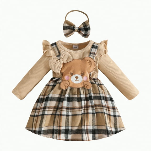 Jkety Baby Clothes for Girls Kids Toddler Baby Girl Corduroy Ruffle Long Sleeve Dress Princess Party Dress Fall Winter Skirt Outfit Khaki,12-18 Months