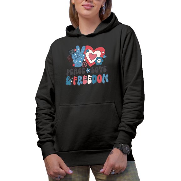 Peace, Love & Freedom, 90s Retro 4th of July Merch Gift, Black Hooded Sweatshirt or Hoodie, Small