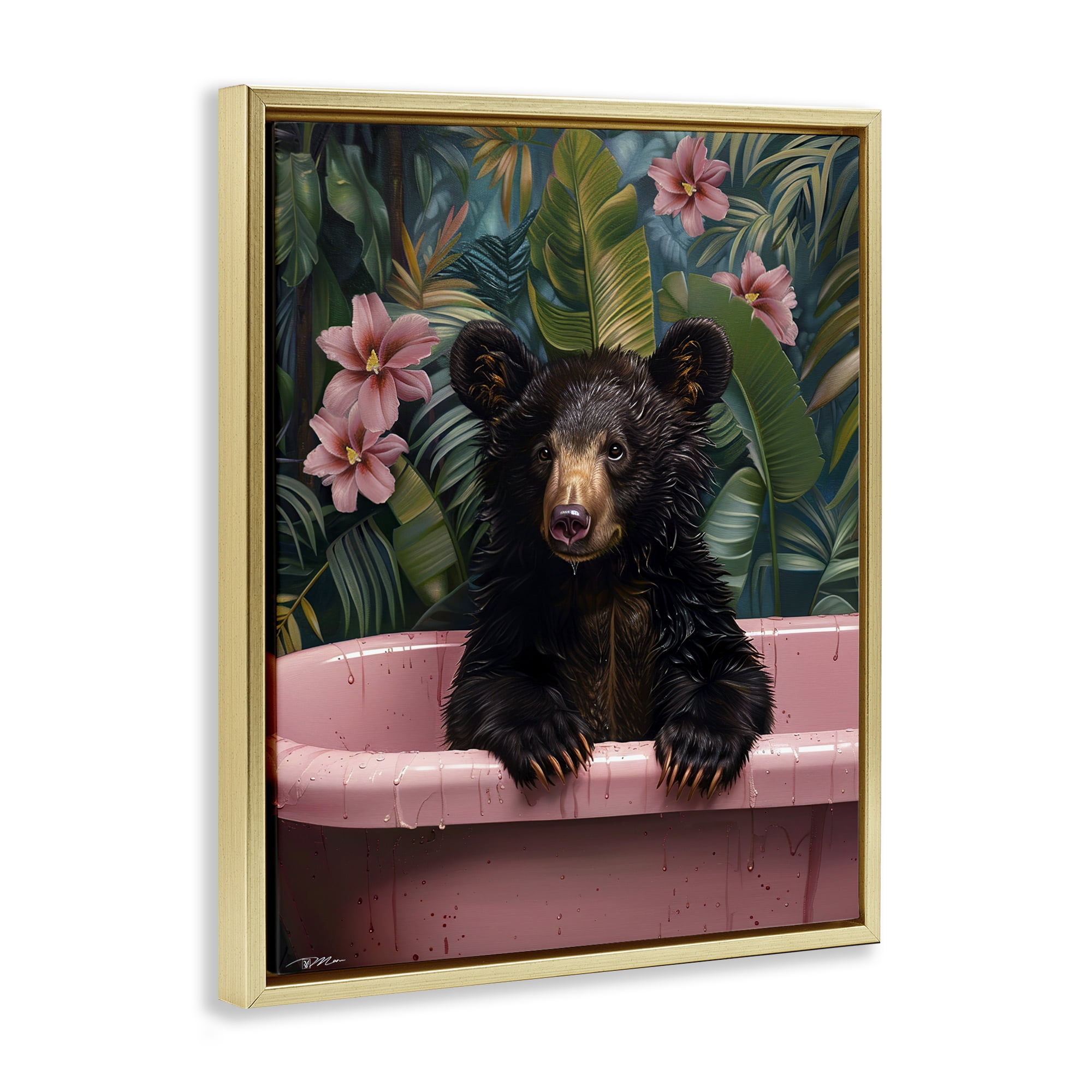 Bruno Bear in Pink Tub Gold Framed Floater Canvas Wall Art, design by Momart