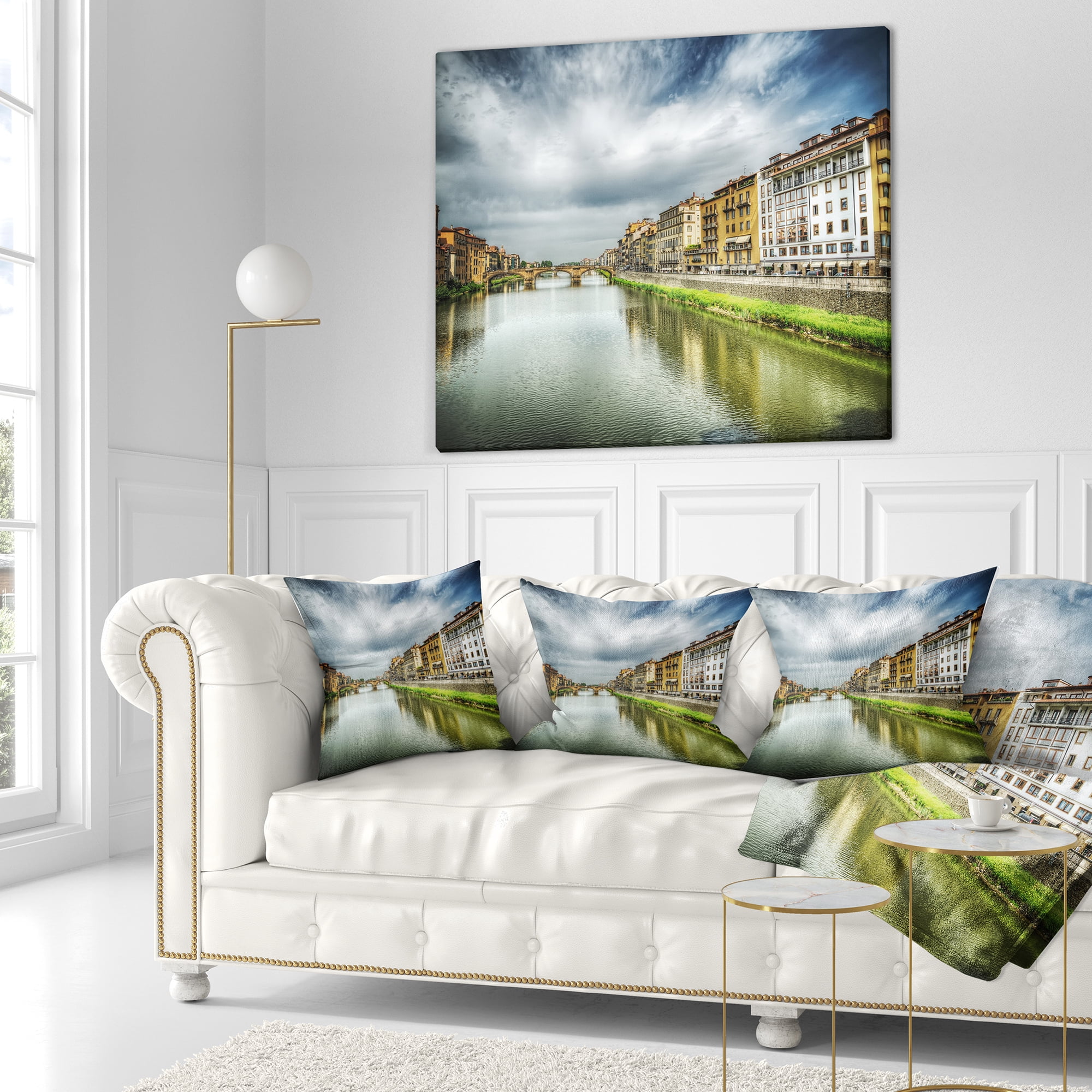 Designart Arno River under Dramatic Sky - Cityscape Throw Pillow - 18x18
