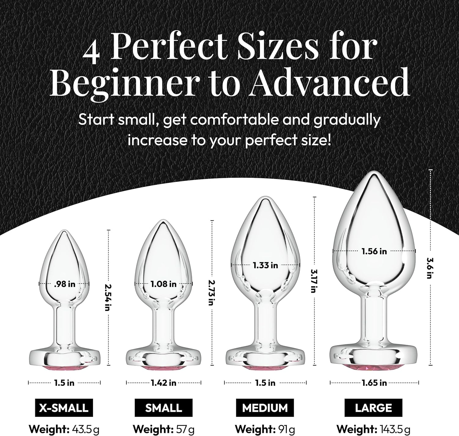 Session Butt Plugs, 4-Piece Training Set, Anal Plug Toys, Stainless Steel Jewel Charm, Silver & Pink, Heart Shape