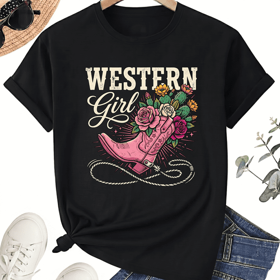 Western Girl Rose Boot Graphic Tee, Unisex Cotton Shirt