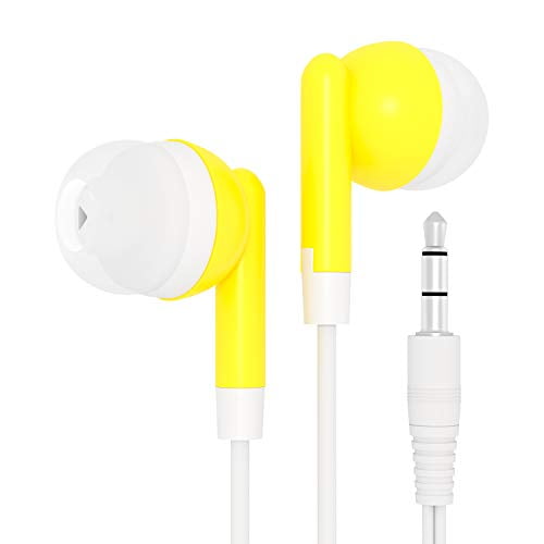 Bulk Wholesale Lot Kids Earbuds Headphones Earphones for Schools, Libraries, Hospitals, Gifts Individually Bagged (50 Pack, Yellow)