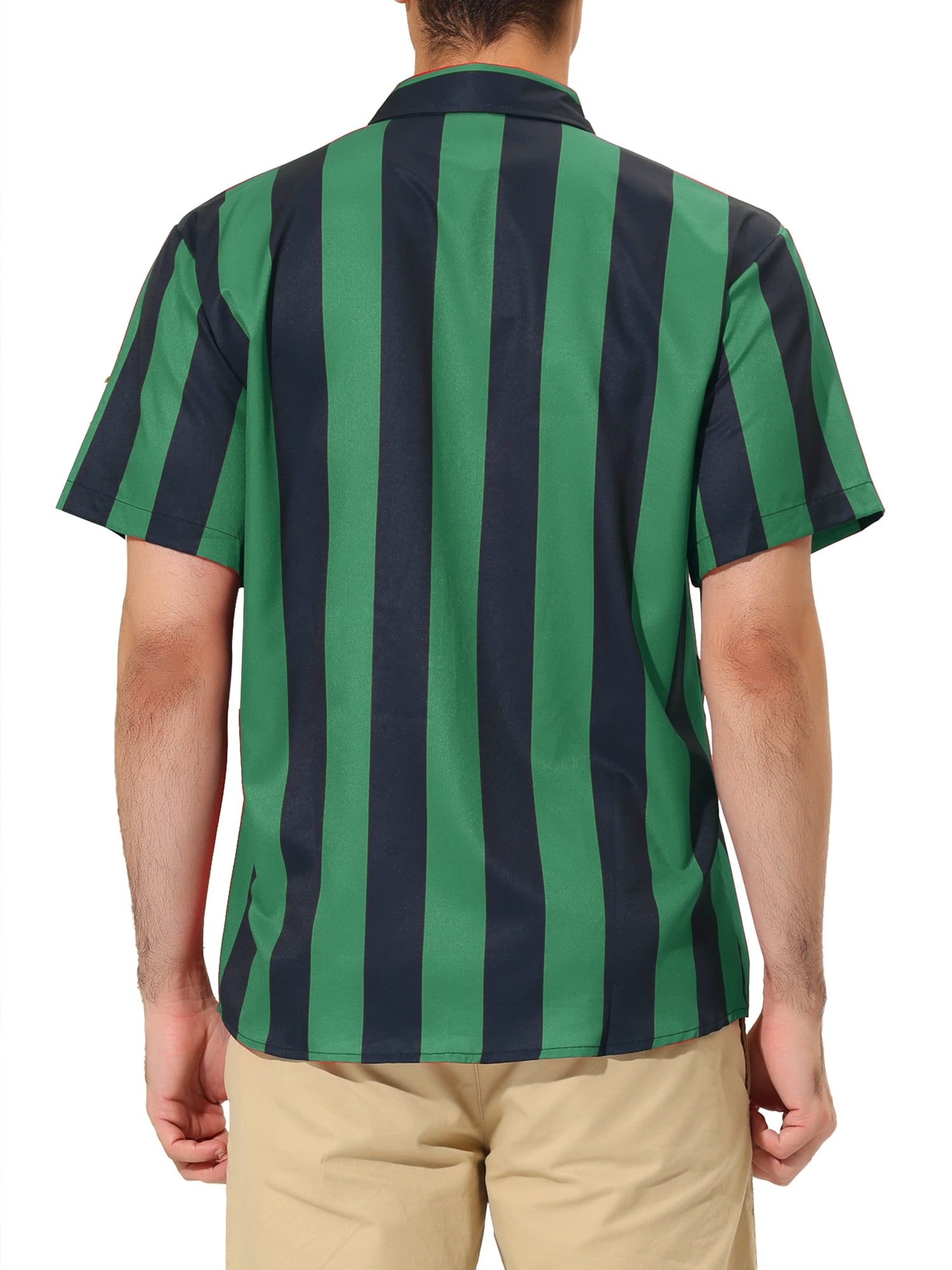 Unique Bargains Men's Striped Short Sleeves Button Down Print Shirt S Dark Green