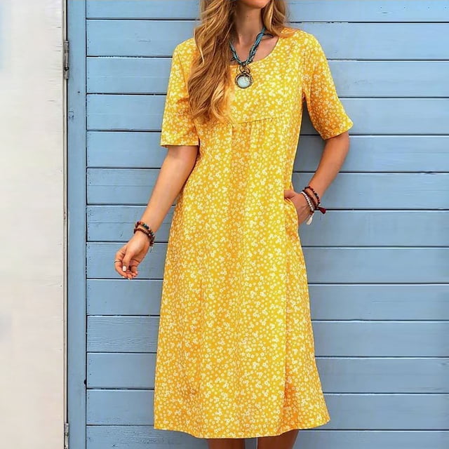 Meichang Robes Décontractées pour Femmes Boho à Imprimé Floral à Manches Courtes à Col Rond Robes Fluides de Travail Robes Midi Confortables de Printemps avec Poches Robes pour Femmes Jaune G
