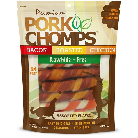 Pork Chomps Premium Rawhide-Free Pork Skin Twists for Dogs, Assorted Flavors, 6 Inch, 24 Count