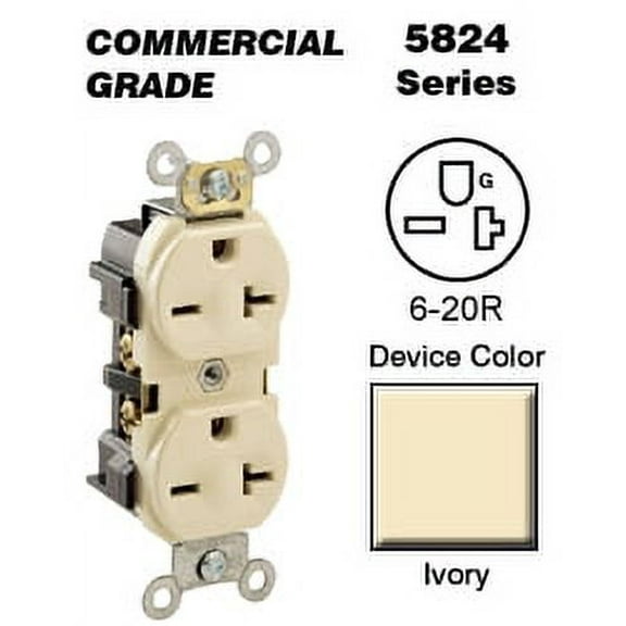 Leviton 5824-I 20A 250V Narrow Body Duplex Receptacle, Straight Blade, Ivory (10 Pack)