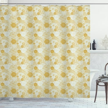 Floral Shower Curtain, Illustration of Chrysanthemum and Dahlia Flowers Distinct Petal Mark, Fabric Bathroom Set with Hooks, 69W X 75L Inches Long, Cream and Earth Yellow, by Ambesonne