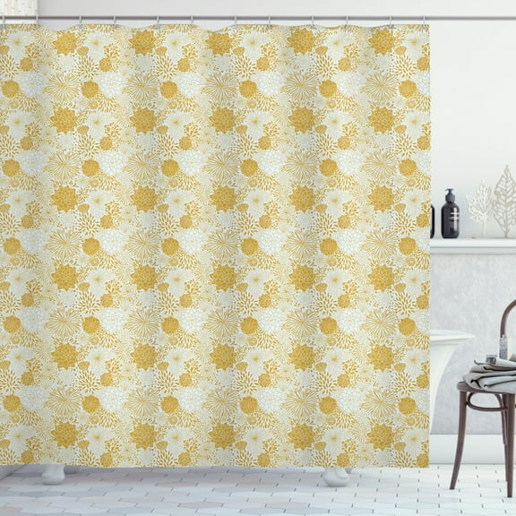 Floral Shower Curtain, Illustration of Chrysanthemum and Dahlia Flowers Distinct Petal Mark, Fabric Bathroom Set with Hooks, 69W X 75L Inches Long, Cream and Earth Yellow, by Ambesonne