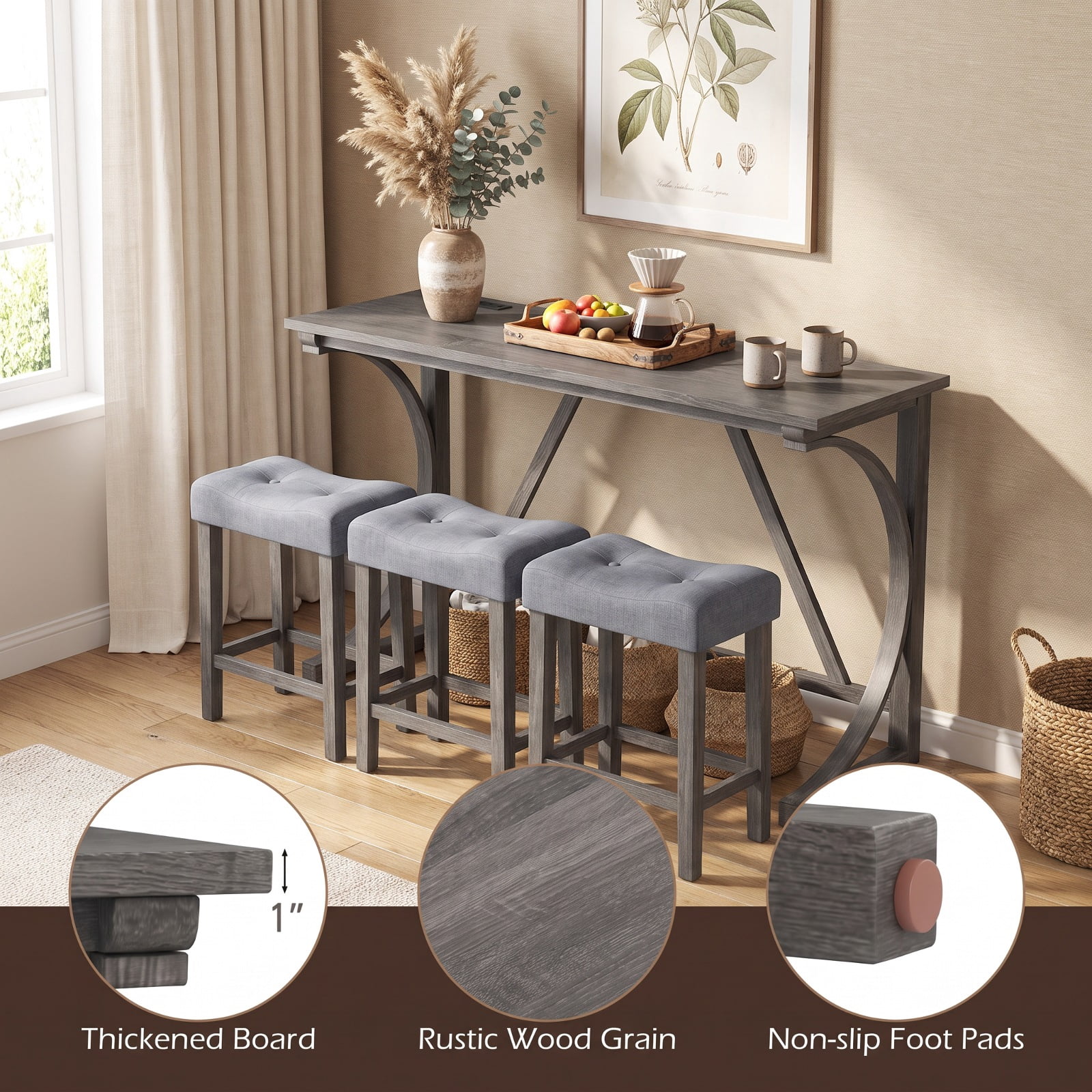 Furnibear 4 Piece Bar Table Set with Power Outlet USB Port and Upholstered Saddle Seat Stools