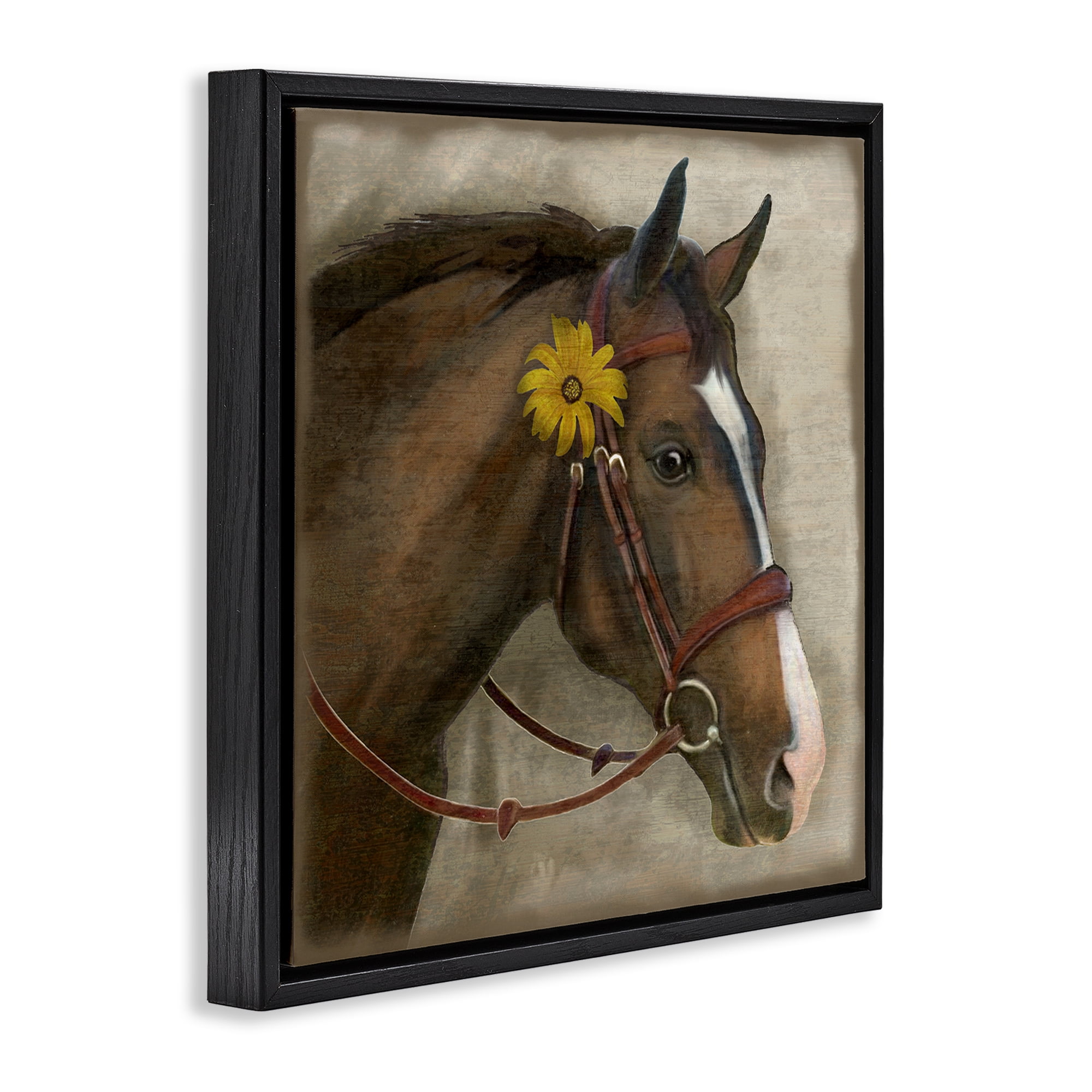 Stupell Industries Barnyard Horse with Daisy Black Framed Floater Canvas Wall Art, design by Suzanne Nicoll