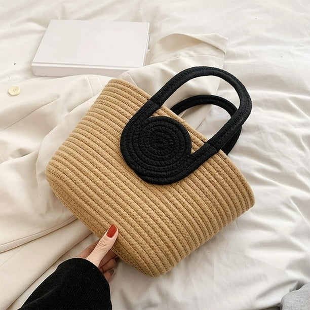 Fiudx Bolsa de Algodón, Espaciosa Bolsa de Playa Tejida, Elegante Bolso Informal, Diseño de Cuerda de Algodón Resistente, Uso Diario, Compras, Recados, Viajes, Elegantes Combinaciones de Colores.