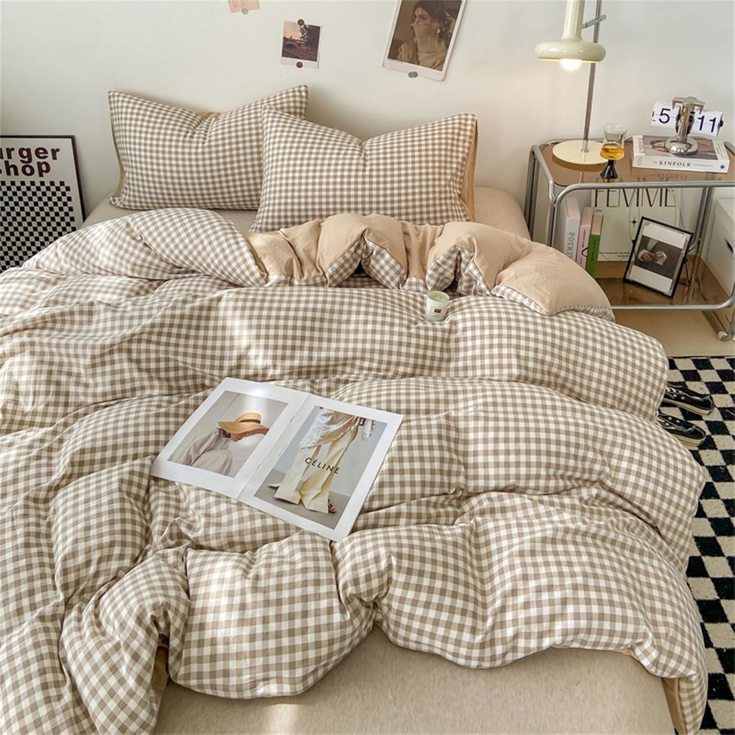 Duvet Cover Queen Size Brown Tan Plaid Checkered Comforter Cover Grid Farmhouse Bedding Set 3 Pcs Soft Breathable Washed Microfiber