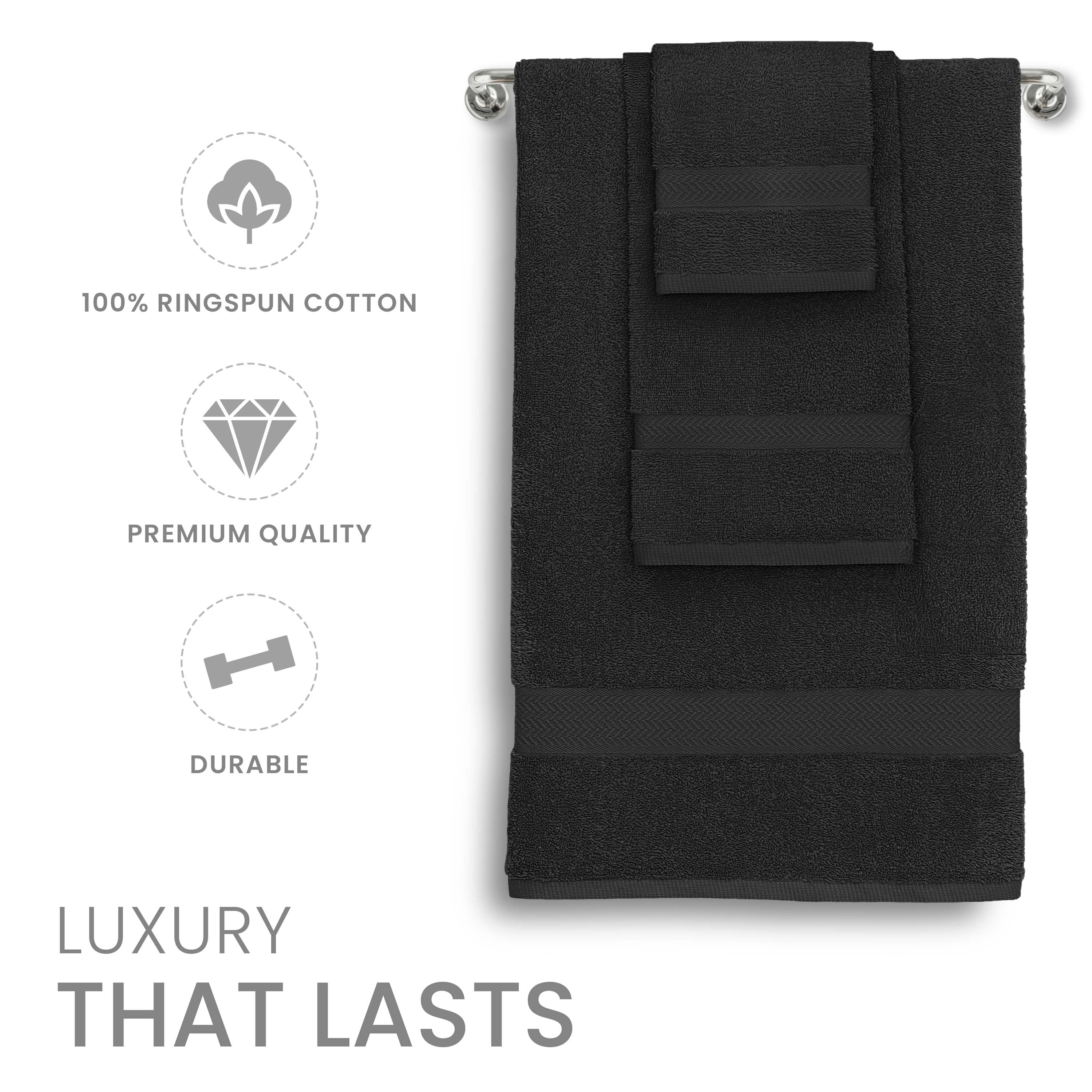 Martex 6-Piece 100% Ringspun Cotton Towel Set, Quick Dry Soft & Absorbent, Black